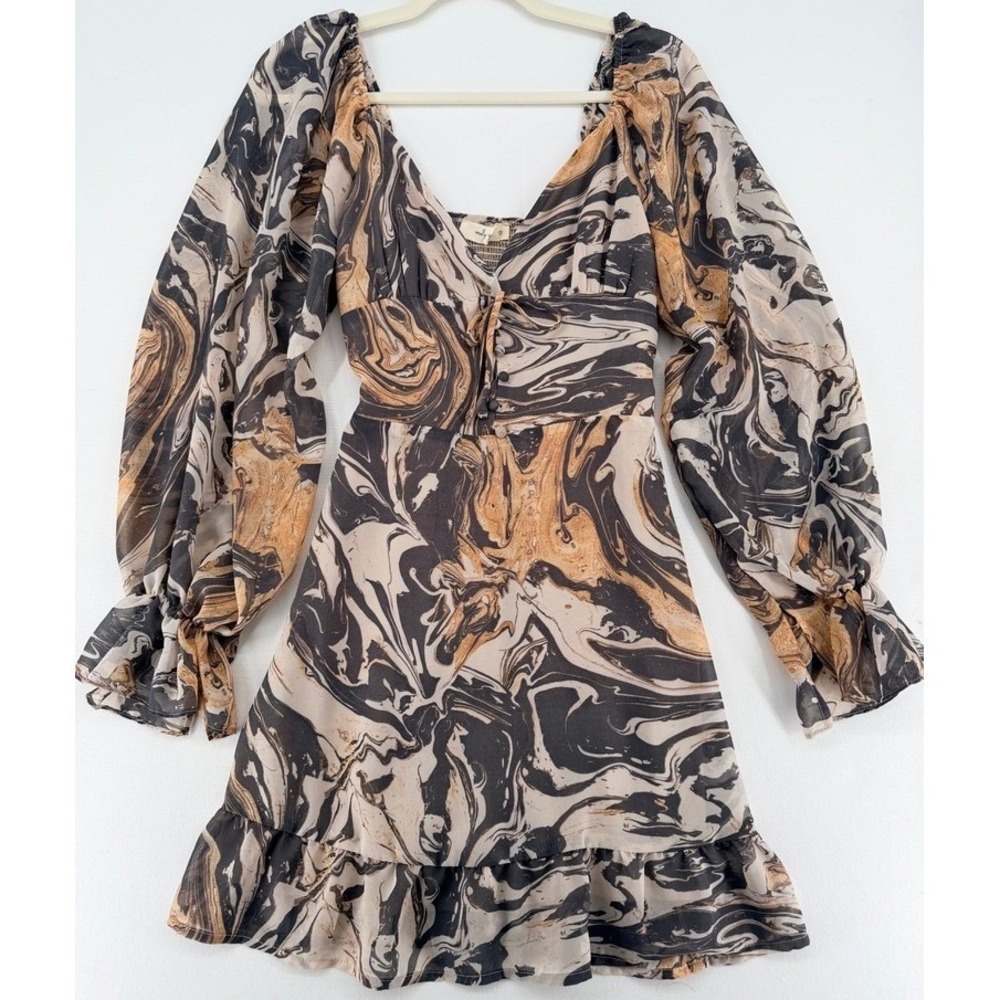 Molly Green Marble‎ Print Mini Dress Long Sleeve Smocked S